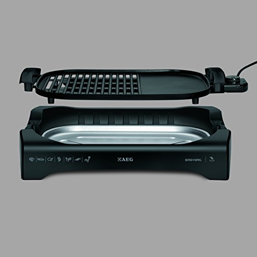 AEG TG340 Grill Eléctrica, 5 Niveles de Temperatura hasta 230ºC, Superficie Mixta Plancha y Parrilla, Extralarga, Antiadherente, Apta Lavavajillas, Bandeja Antigoteo, 2.2 W, Cerámica, Negro