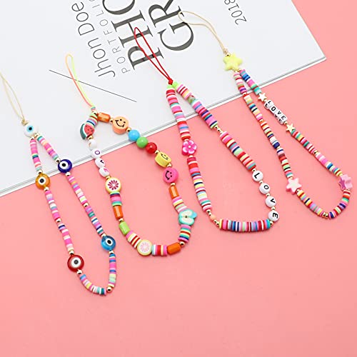 AIEX 4 Piezas Phone Charm Beaded  Teléfono Charm Fruta Arco Iris Cara Sonriente Letras de Estrellas de Frutas y Flores Cuentas de Acrílico Hechas a Mano Accesorio de Llavero para Mujeres y Niñas