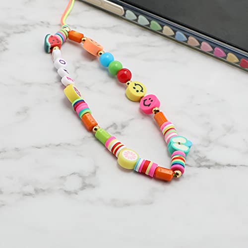 AIEX 4 Piezas Phone Charm Beaded  Teléfono Charm Fruta Arco Iris Cara Sonriente Letras de Estrellas de Frutas y Flores Cuentas de Acrílico Hechas a Mano Accesorio de Llavero para Mujeres y Niñas