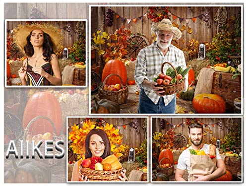 AIIKES 7x5FT Fondo de fotografía de acción de Gracias Otoño Calabaza Hoja Maíz Fondo de Manzana Fondo de lámpara de Aceite Piso de Madera Granero Fondo de Cosecha 11-914