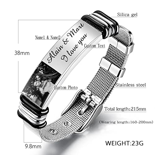 Albertband Pulsera Personalizada con Foto Pulsera Ajustable con Placa de Identificación de Acero Negro Grabado Banda de Malla para Hombres Mujeres de Joyería para el Día de San Valentín (#1foto)