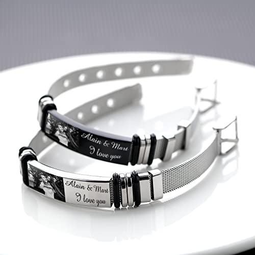 Albertband Pulsera Personalizada con Foto Pulsera Ajustable con Placa de Identificación de Acero Negro Grabado Banda de Malla para Hombres Mujeres de Joyería para el Día de San Valentín (#1foto)