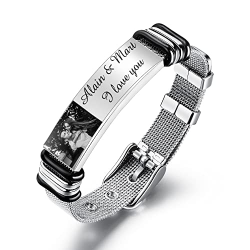 Albertband Pulsera Personalizada con Foto Pulsera Ajustable con Placa de Identificación de Acero Negro Grabado Banda de Malla para Hombres Mujeres de Joyería para el Día de San Valentín (#1foto)