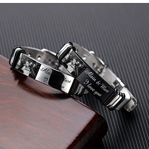 Albertband Pulsera Personalizada con Foto Pulsera Ajustable con Placa de Identificación de Acero Negro Grabado Banda de Malla para Hombres Mujeres de Joyería para el Día de San Valentín (#1foto)