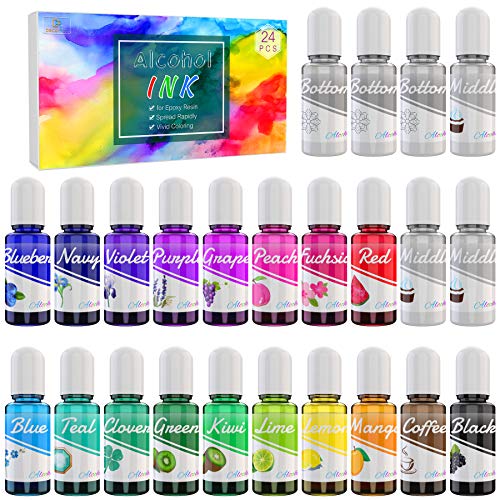 Alcohol Ink Set - 24 Colores Tinta Alcohol para Pintura de Resina Epoxi, Fabricación de Placas Petri Resina - 18 Colores y 6 Tintes de Alcohol Blanco para Arte de Resina, Vasos, Pintura - 24 x 10 ml