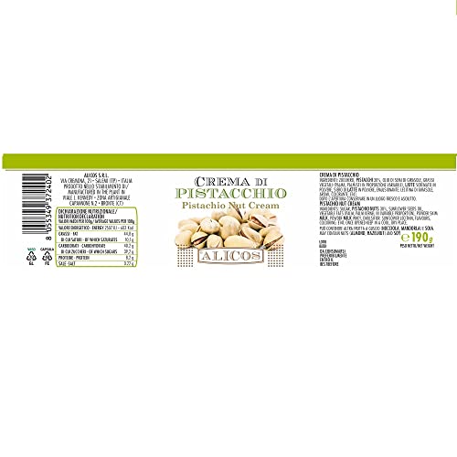 Alicos - 190g de crema de pistacho para untar - ideal para el desayuno, relleno dulce o para untar sobre pan. 30% pistacho, fabricado en Italia