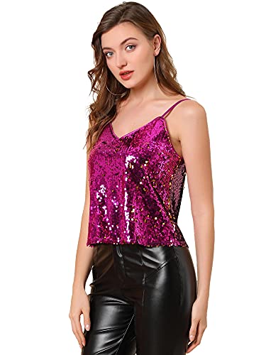 Allegra K Camisola Brillante con Lentejuelas del Día De San Patricio para Mujer Club Party Sparkle Cami Top Color Oro Fusia S