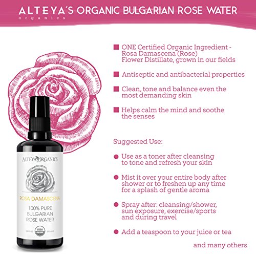 Alteya Organic Agua Floral de Rosa (Rosa Damascena) 100 ml – Spray (Vidrio) - 100% Puro Natural Bio Producto con Certificado USDA, Vendido Directamente por el Cultivador y Destilador Alteya Organics