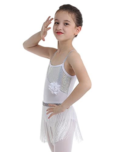 Alvivi Vestido Danza Latina Cuentas Lentejuelas Tango Salon Baile Salsa Vestido Flecos Borla Falda Latina Traje de Danza para Niña Blanco 4-12años Blanco 4 años