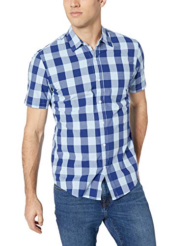 Amazon Essentials Slim-Fit Short-Sleeve Casual Poplin Shirt Button-Down-Shirts, Azul, Cuadros de Vichy, S