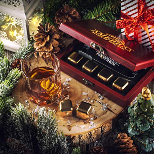 Amerigo Oro Piedras Whisky Set de Regalo de Acero Inoxidable - Regalos Originales para Hombre - Whisky Stones Gift Set - 8 Cubitos de Hielo Reutilizables para Whiskey - Hielos Reutilizables