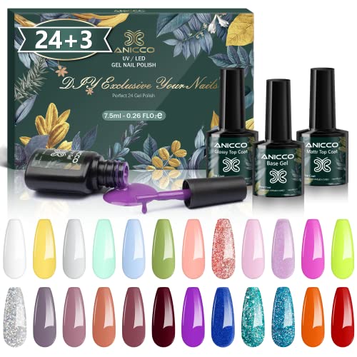 Anicco Esmaltes Semipermanentes de Uñas en Gel UV LED, 27 Pcs Pintauñas Semipermanentes con Base, Top Coat Brillante y Mate, Kit de Esmalte de Uñas Semipermanentes con Negro, Blanco, Pastel, 7.5ML