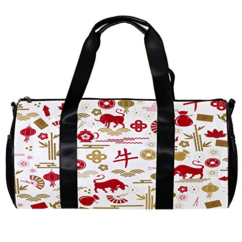 Anmarco Bolsa de viaje para mujeres y hombres, traducción china Bull Bamboo Fan Sports Gym Tote Bag Fin de semana de viaje al aire libre Bolsa de equipaje