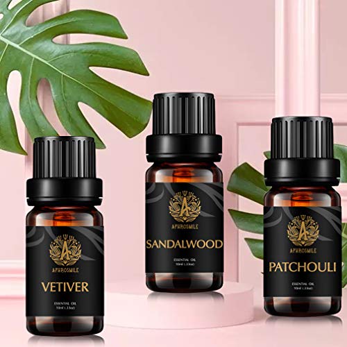 Aromaterapia pachuli aceite esencial set para difusor, 3x10ml 100% puro vetiver aceite esencial Kit para humidificador -pachulí, vetiver, sándalo aceite esencial set, aromaterapia sándalo Aceites Kit