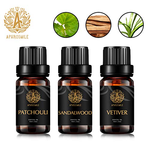 Aromaterapia pachuli aceite esencial set para difusor, 3x10ml 100% puro vetiver aceite esencial Kit para humidificador -pachulí, vetiver, sándalo aceite esencial set, aromaterapia sándalo Aceites Kit