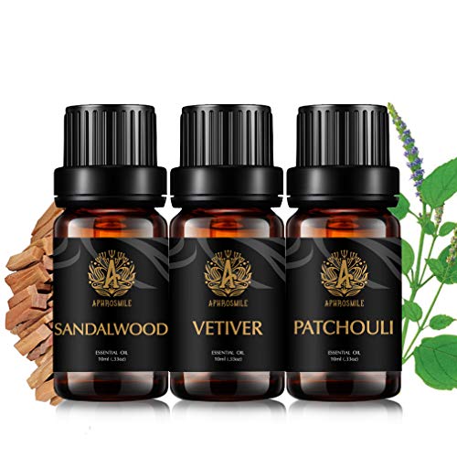 Aromaterapia pachuli aceite esencial set para difusor, 3x10ml 100% puro vetiver aceite esencial Kit para humidificador -pachulí, vetiver, sándalo aceite esencial set, aromaterapia sándalo Aceites Kit