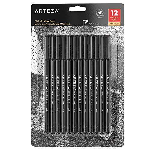 Arteza Rotuladores punta fina negros, juego de 12, punta de fieltro ultrafina de 0.4 mm, rotuladores fineliner para dibujo artístico, bocetos, ilustraciones, escritura y notas