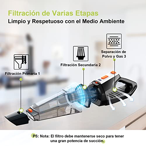 Aspiradora de Mano, Aspirador de Mano Sin Cable Potente 9000PA Aspiradora de Mano Sin Cable con 2 Filtros Lavables, Carga Rápida, 2 Cepillos Aspirador en Seco y Húmedo para Oficina Hogar y Coche