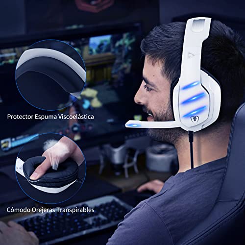 Auricular Gaming PS4, Orejeras Grandes, Efectos de Sonido 3D, Micrófono de Educción Ruido LED, Cascos Gaming Blanco con PS4, PS5, Xbox One, PC, Switch