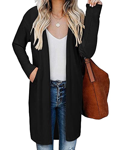 AUSELILY Mujer Cárdigans Largos con Bolsillos Jersey Ligero de Punto con Frente Abierto Suéter de Manga Larga Elegante para el Invierno(Negro,3XL)