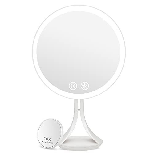 Auxmir Espejo de Mesa con Luces Led, Espejo Maquillaje de Tocador Ultra Alta Definición, Espejo Cosmético con Aumento 10x, USB Recarcable, Pantalla Tactil Inteligente, Blanco