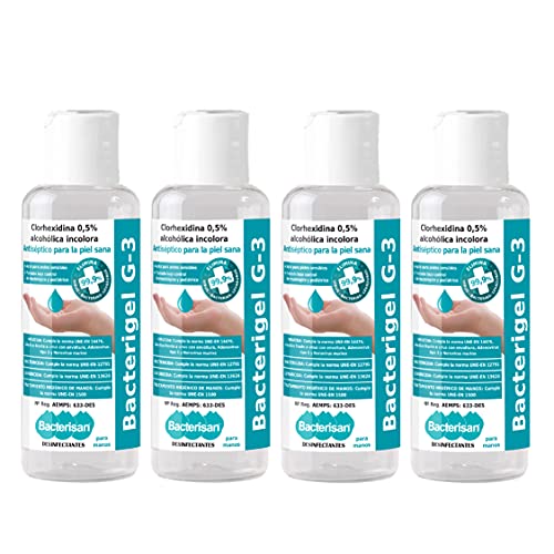 BACTERISAN Bacterigel G-3 60Ml, PACK DE 4 unidades, Gel De Manos Desinfectante Autosecante, Antiséptico Para La Piel Sana, Testado Dermatológico Y Pediátrico, Tamaño Bolsillo, Transparente, 4 x 60 ml