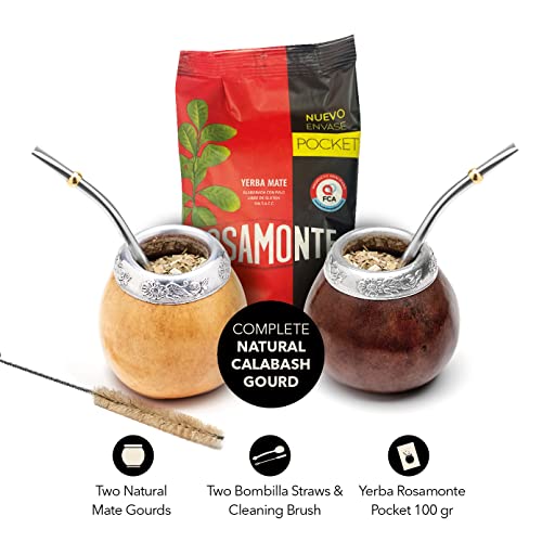 Balibetov Juego de 2 Mate de Calabaza y 1 Pack de 100gr de Yerba Mate – Mate Argentino – 2 Mate, 2 Bombillas, 1 Cepillo de Limpieza, 1 Bolsa Yerba Mate (Marron Oscuro - Natural)