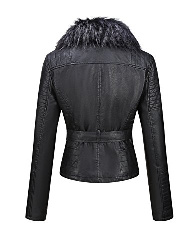 BELLIVERA Chaqueta de Cuero Sintético Para Mujer Abrigo Corto con Cinturón de Motocicleta Cálido de Invierno con Cuello de piel Desmontable 9203 Negro XL