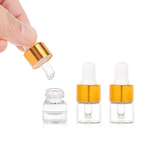 BENECREAT 50 Pack 1ml Frascos de Vidrio Transparente con Pipetas Mini Frascos Cuentagotas Vacíos de Vidrio con Pipetas, Embudo, Paño de Pulido para Perfumes de Aceites Esenciales