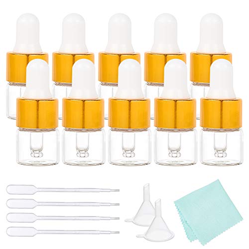 BENECREAT 50 Pack 1ml Frascos de Vidrio Transparente con Pipetas Mini Frascos Cuentagotas Vacíos de Vidrio con Pipetas, Embudo, Paño de Pulido para Perfumes de Aceites Esenciales