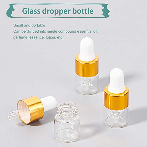 BENECREAT 50 Pack 1ml Frascos de Vidrio Transparente con Pipetas Mini Frascos Cuentagotas Vacíos de Vidrio con Pipetas, Embudo, Paño de Pulido para Perfumes de Aceites Esenciales