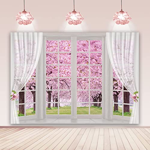 BINQOO Fondo de ventana de flores de cerezo de 7 x 5 pies, flor de cerezo rosa, sesión de fotos de primavera, jardín, baby shower, fiesta de fondo para niñas, niños, mujeres, suministros de