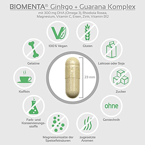 BIOMENTA Ginkgo + Guarana Complex - vegano - con 300 mg de DHA (omega-3), guaraná (cafeína), rodiola, ginkgo biloba, vitamina C, magnesio, hierro, zinc, vitamina B12 - 90 cápsulas de ginkgo guaraná