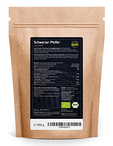 Biotiva Pimienta entera orgánica 250 g - granos de pimienta entera en calidad orgánica superior - adecuada para molinos de pimienta - Piper nigrum