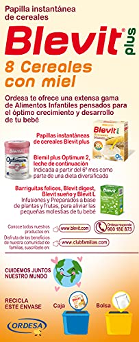 Blevit Plus 8 Cereales Miel - Papilla para Bebé con Harina de Avena y Harina de Trigo - Sin Azúcares Añadidos - Ayuda a regular el tránsito intestinal - Desde los 5 meses - 600g