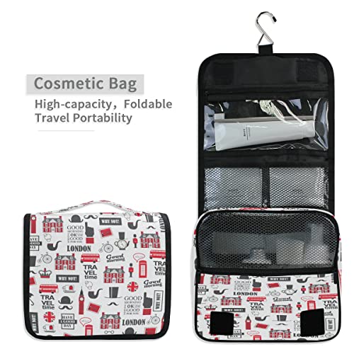 Bolsa de aseo de Londres Big Ben Bus de la bandera del Reino Unido Bolsa de maquillaje cosmética para mujeres, hombres y niñas que viajan con gancho colgante Organizador de accesorios portátiles