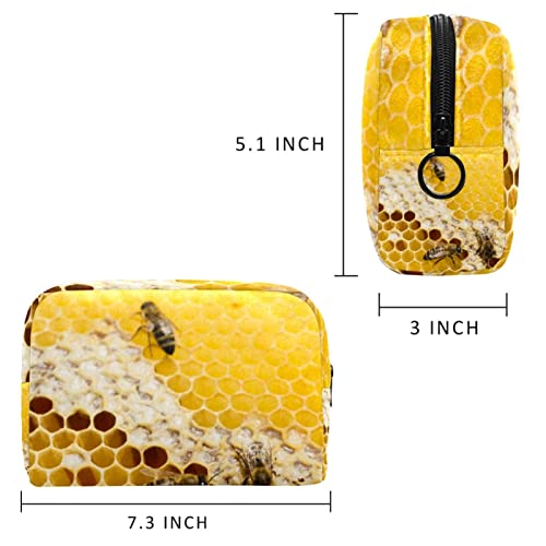 Bolsa de maquillaje de nido de abeja con abejas para bolso de viaje Neceser organizador cosmético portátil versátil con cremallera para mujeres y niñas