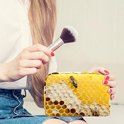 Bolsa de maquillaje de nido de abeja con abejas para bolso de viaje Neceser organizador cosmético portátil versátil con cremallera para mujeres y niñas