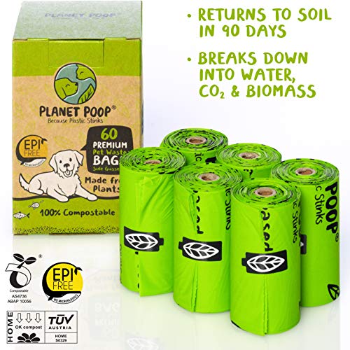Bolsas para excrementos de perro compostables, bolsa de caca a base de plantas para perros. 60 bolsas de basura gruesas sin perfume, 11 x 13. 4 rollos de repuesto para dispensadores estándar.