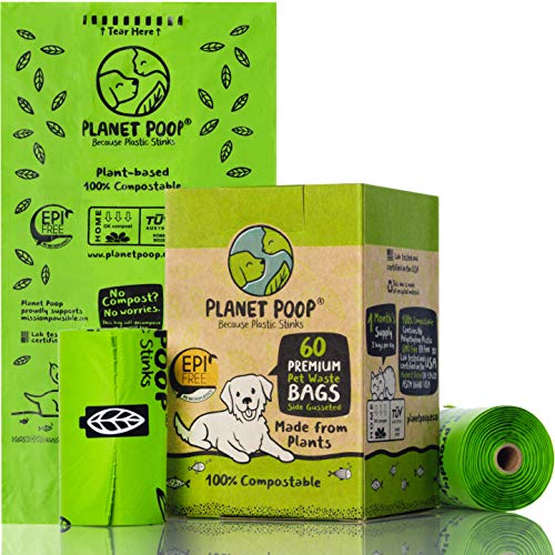 Bolsas para excrementos de perro compostables, bolsa de caca a base de plantas para perros. 60 bolsas de basura gruesas sin perfume, 11 x 13. 4 rollos de repuesto para dispensadores estándar.