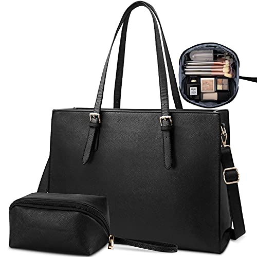 Bolso Mujer Bolsos Bandolera para Ordenador Portátil 15.6 Pulgadas Impermeable Bolsos de Mujer Cuero PU Universidad Shopper Bolsa Tote (Negro-2)