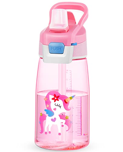 Botella de Agua 480ml para Niño, Botella con Pajita, a prueba de Fugas, sin BPA, (Unicornio, Rosa)