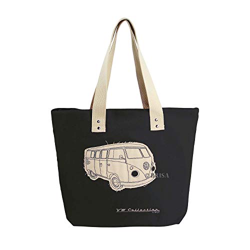 BRISA VW Collection - Volkswagen Furgoneta Hippie Bus T1 Van Bolsa de Playa Vintage de Canvas (Algodón), Bolso de mano, Bolsa de hombro, Tote bag, Shopper bag para Compras (Negro/Beige)