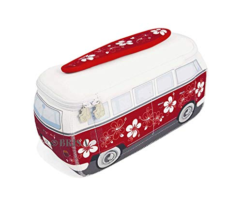 BRISA VW Collection - Volkswagen Furgoneta Hippie Bus T1 Van Bolsa Universal de Neopreno, Neceser, Bolso de Maquillaje-Cosméticos-Aseo, Estuche de lápices, Caja de Almuerzo, Equipaje (Hibisco/Rojo)