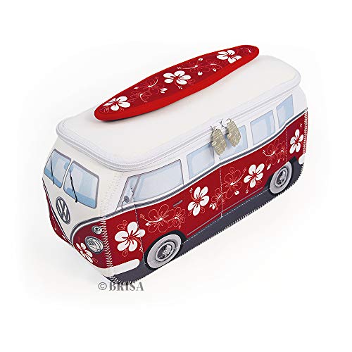 BRISA VW Collection - Volkswagen Furgoneta Hippie Bus T1 Van Bolsa Universal de Neopreno, Neceser, Bolso de Maquillaje-Cosméticos-Aseo, Estuche de lápices, Caja de Almuerzo, Equipaje (Hibisco/Rojo)