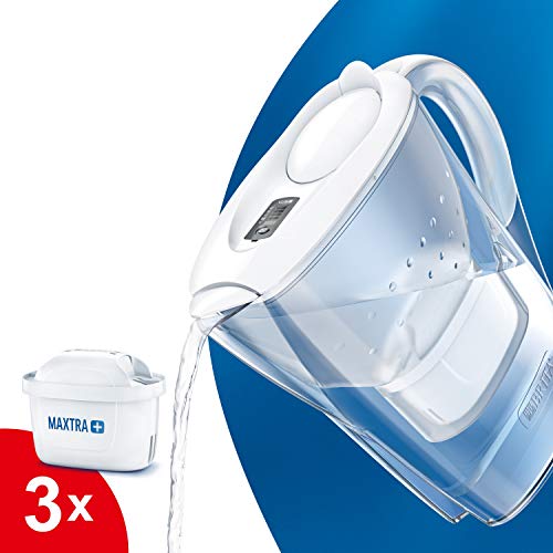 BRITA Marella blanca Pack Ahorro – Jarra de Agua Filtrada con 3 cartuchos MAXTRA+, Filtro de agua BRITA que reduce la cal y el cloro, Agua filtrada para un sabor óptimo, 2.4L