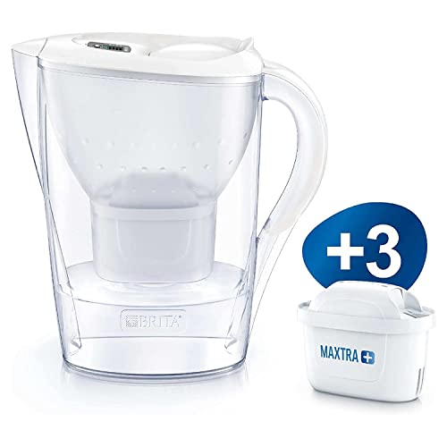 BRITA Marella blanca Pack Ahorro – Jarra de Agua Filtrada con 3 cartuchos MAXTRA+, Filtro de agua BRITA que reduce la cal y el cloro, Agua filtrada para un sabor óptimo, 2.4L