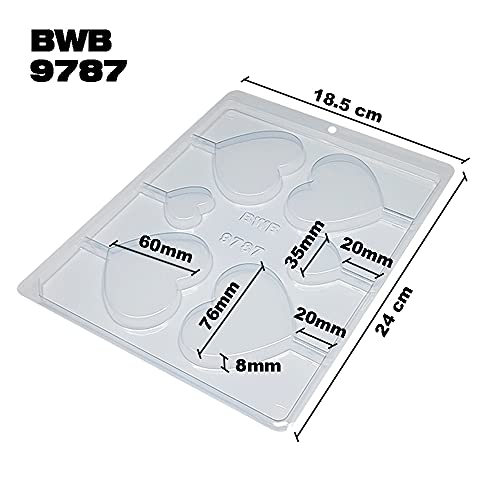 BWB 9787 Molde Piruleta corazon para chocolate caliente Forma Simples de 6 Agujeros Policarbonato Transparente Tridimensional Bombones chocolate de 25g