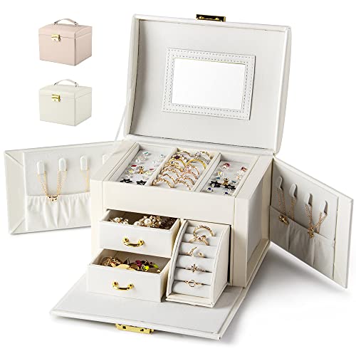 Caja Joyero Caja para Joyas Organizador de Joyas de 3 Capas Caja de Joyas con Espejo y Cerradura Portátil Joyero de Viaje para Anillos, Collares, Caja de Regalo para Mujer(Blanco-K)