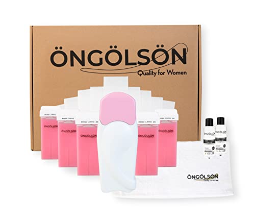 Caja Regalo Kit Depilación Mujer:Calentador Cera roll on profesional,5 cartuchos de Cera depilatoria roll on ROSA envasados unitariamente,2 Aceite post-depil neutro,Toalla Ongolson y 100 Bandas.